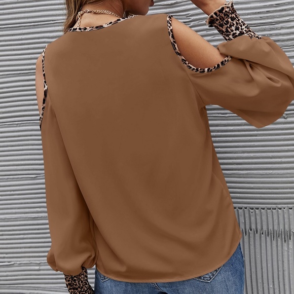 Mocha Brown leopard Print Button up Cold Shoulder Top - Picture 10 of 12